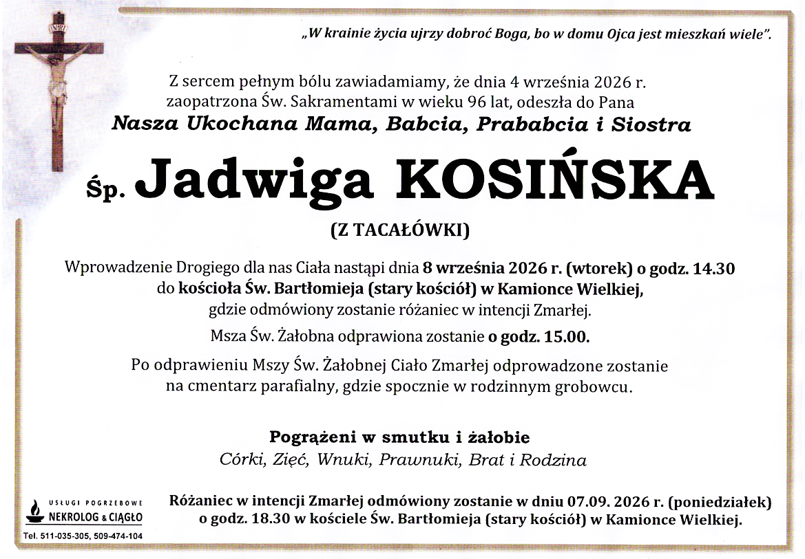 Nekrolog — Sp. Jadwiga KOSIŃSKA – Kamionka Wielka