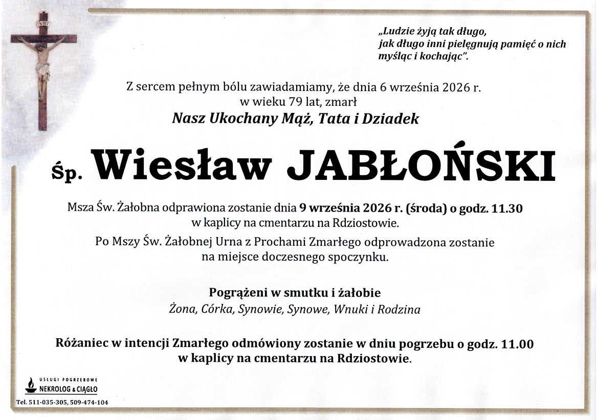 Nekrolog — Śp. Wiesław JABŁOŃSKI – Rdziostów