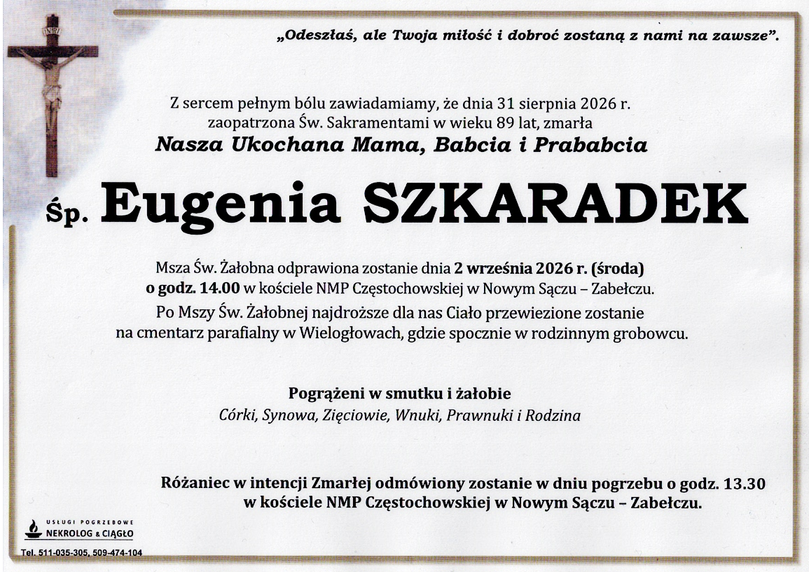 Nekrolog — Sp. EUGENIA SZKARADEK – Wielogłowy